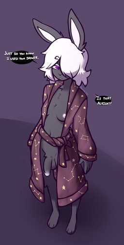 3_toes areola bathrobe bathrobe_only breasts clothing constellation dialogue eyelashes feet fingers fur genitals grey_body grey_fur gynomorph hair hair_over_eye intersex looking_at_viewer nipples open_bathrobe penis purple_eyes robe solo speech_bubble talking_to_viewer text toes white_areola white_eyelashes white_hair white_nipples mewgle aster_(mewgle) hare humanoid lagomorph leporid mammal rabbit 2024 dated english_text hi_res signature