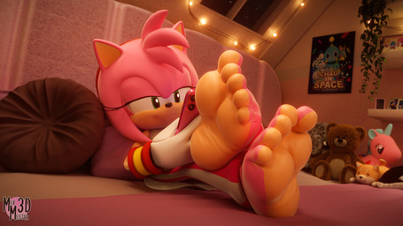 5_toes anthro barefoot bed bedroom countershade_feet countershading feet female foot_focus fur furniture humanoid_feet on_bed on_phone pink_body pink_fur plantigrade plushie smile soles solo toes milkmeister3d sega sonic_the_hedgehog_(series) amy_rose eulipotyphlan hedgehog mammal 16:9 3d_(artwork) 4k absurd_res digital_media_(artwork) hi_res widescreen