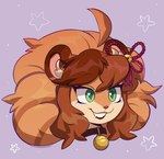 anthro bell bell_collar brown_body brown_fur brown_hair collar fur green_eyes grin hair purple_background simple_background smile solo cherry_beries mammal 2024 digital_drawing_(artwork) digital_media_(artwork) headshot_portrait hi_res portrait