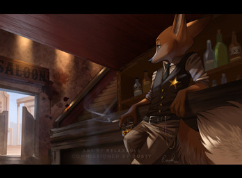 anthro arm_support belt black_bars bottle cigarette container cup day detailed_background fur holding_cigarette holding_container holding_cup holding_object inside leaning_on_elbow light male orange_body orange_fur saloon saloon_doors smoke solo text relaxablefur disney zootopia canid canine fox mammal 2021 artist_name digital_media_(artwork) hi_res letterbox lighting shaded signature