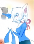 anthro blue_eyes blush clothed clothing duo female green_eyes male ribbons scarf smile solo_focus mynameslucytoo bittersweet_candy_bowl lucy_(bcb) mike_(bcb) domestic_cat felid feline felis khao_manee korat_cat mammal