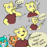 anthro bodily_fluids clothing dialogue green_eyes group orange_body purple_eyes shirt smoking tears text topwear nekovid unicorn_wars achuchones_(unicorn_wars) coco_(unicorn_wars) sonrisas_(unicorn_wars) bear mammal 1:1 2023 comic hi_res spanish_text translated