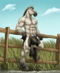 2015 abs against_fence against_surface anthro athletic biceps big_bulge biped black_body black_clothing black_fur black_hair black_underwear boxer_briefs brown_eyes bulge chase_(apollowolf) clothed clothing digital_media_(artwork) equid equine fence full-length_portrait fur grey_body grey_fur hair hi_res hooves horse male mammal muscular muscular_anthro pecs portrait smile solo standing topless underwear vallhound watermark