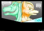 alternating_focus anthro canid canine comic dialogue duo english_text fox fox_mccloud general_scales green_eyes lizard lust_penis male mammal mot nintendo remake reptile scalie sharpclaw_(star_fox) star_fox text traditional_media_(artwork) two_panel_image
