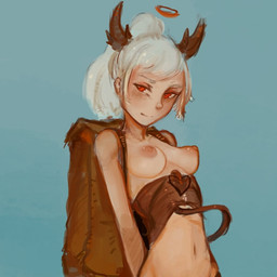 backpack blush breasts female hair halo horn looking_at_viewer medium_breasts mostly_nude navel nipples not_furry ponytail red_eyes seductive smile solo spade_tail standing tail white_hair syvaron demon demon_humanoid humanoid 1:1