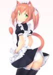 absolute_territory accessory apron black_clothing black_legwear bottomwear butt cat_tail clothed clothing clothing_lift female fully_clothed gloves green_eyes hair hair_accessory hair_ribbon handwear legwear long_hair looking_at_viewer maid_headdress maid_uniform orange_hair panties pigtails puffy_sleeves ribbons short_sleeves simple_background skirt skirt_lift solo thigh_highs underwear uniform white_clothing white_gloves white_handwear white_panties white_underwear zizi_(zz22) animal_humanoid cat_humanoid domestic_cat felid felid_humanoid feline feline_humanoid felis humanoid mammal mammal_humanoid digital_media_(artwork) shaded