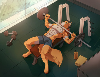 4_toes 5_fingers abs anthro athletic athletic_anthro athletic_male barefoot bodily_fluids bottomwear brown_hair brown_nose claws clothed clothing dog_tags exercise feet finger_claws fingers fur hair hindpaw humanoid_hands lying male muscular muscular_male navel on_back paws shorts solo sweat toe_claws toes topless topless_anthro topless_male weightlifting workout yellow_body yellow_fur lotusgarden canid canine mammal 2023