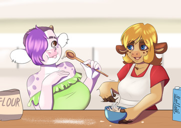 anthro apron big_breasts blonde_hair blue_eyes bowl breasts brown_body brown_fur clothing container cooking cutlery duo facial_piercing female fingers flour fur hair holding_bowl holding_container holding_object holding_spoon hooved_fingers hooves horn kitchen_utensils nose_piercing nose_ring piercing purple_hair ring_piercing smile spoon tools white_apron white_clothing moomaid alice_lovage lilly_(lillymoo) bovid bovine cattle mammal 2023 absurd_res hi_res