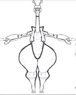 anthro clothing cybernetic_arm cybernetic_limb hat headgear headwear huge_hips huge_thighs hyper hyper_hips hyper_thighs jacket leotard long_neck male simple_background small_waist solo t-pose thick_thighs topwear white_background wide_hips solsticespaghetti dj_gyro_(solsticespaghetti) unknown_species model_sheet monochrome