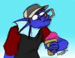 anthro cross-eyed dessert food holding_food holding_ice_cream holding_ice_cream_cone holding_object ice_cream ice_cream_cone licking long_tongue male solo text tongue tongue_out amonomega mythology dragon mythological_creature mythological_scalie scalie colored_sketch sketch url