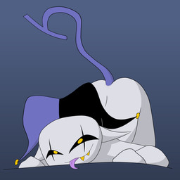 ass_up bent_over black_clothing black_sclera bodypaint clothing clown devious face_paint fool's_hat grey_body grey_skin hat headgear headwear humanoid_pointy_ears jester looking_at_viewer lying male on_front pointy_ears pupils purple_clothing purple_tail purple_tongue sharp_teeth simple_background smile solo tail teeth tongue tongue_out yellow_pupils yellow_teeth maseru deltarune undertale_(series) jevil_(deltarune) darkner human humanoid imp mammal 1:1 2021 absurd_res digital_drawing_(artwork) digital_media_(artwork) hi_res