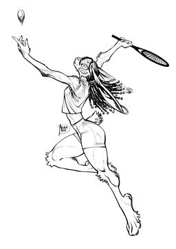 anthro arm_tuft ball clothed clothing elbow_tuft female hair knee_tuft leg_tuft long_ears long_hair playing_tennis side_view simple_background solo tennis_ball tennis_racket text tuft white_background azuza lagomorph leporid mammal rabbit 2024 artist_name dated hi_res monochrome