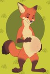 3_toes 4_fingers anthro belly big_belly canid canine disney eyes_closed feet fingers fox green_background hand_on_own_belly hi_res looking_down male mammal nick_wilde pregnant pregnant_male pregoo red_fox simple_background solo standing tail toes true_fox zootopia