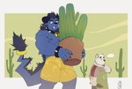 2019 2_horns absurd_res accessory anthro apron artist_logo azune_tonkotsu behemoth_(final_fantasy) bell biceps black_hair blue_body blue_fur blue_hair bottomwear bracelet cactus claws clothing collar deltoids duo ellipsis facial_hair fangs felid final_fantasy finger_claws fur furgonomics goatee green_background hair hand_on_chin hi_res holding_pot horn jewelry jingle_bell larger_anthro larger_male logo male mammal merfiller muscular muscular_anthro muscular_male nipples ouch pantherine pecs plant plant_pot potted_plant red_clothing red_shirt red_topwear ring shirt shorts simple_background size_difference smaller_anthro smaller_male speech_bubble spiked_bracelet spiked_collar spikes spines square_enix tail tail_accessory tail_jewelry tail_mane tail_ring tears_of_pain teeth thinking tiger topwear trowel white_body white_fur wounded yellow_bottomwear yellow_clothing yellow_shorts