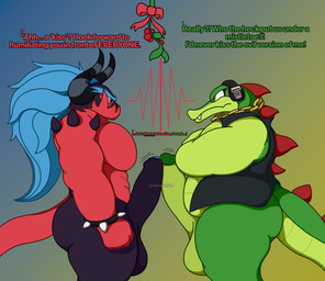 abs angry anthro back_spikes balls big_balls big_butt big_muscles big_pecs black_body black_penis blue_glans blue_hair bottomless bottomless_anthro bottomless_male bracelet butt chain chain_necklace circumcised clothed clothing crossed_arms dialogue duo erection eye_contact foreskin frottage frown frowning_at_another genitals glans gold_(metal) gold_chain green_body green_penis hair holidays horn humanoid_genitalia humanoid_penis jewelry looking_at_another male male/male mistletoe multicolored_body musclegut muscular muscular_anthro muscular_male necklace pecs penile penis penises_touching plant purple_eyes red_body ribbons secretly_loves_it sex side_butt side_view simple_background spiked_bracelet spiked_shoulders spikes spikes_(anatomy) standing tail teeth text thick_thighs topwear vest waveform yellow_eyes yellow_sclera waniiime christmas sega sonic_the_hedgehog_(series) the_deadly_six vector_the_crocodile zavok alien crocodile crocodilian reptile scalie zeti english_text hi_res