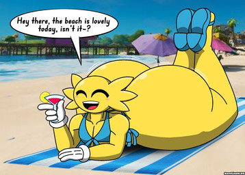 4_fingers alcohol beach beach_towel beverage big_butt bikini blue_bikini blue_clothing blue_footwear blue_swimwear butt clothing cocktail dialogue eyes_closed fingers footwear gloves handwear holding_cocktail huge_butt hyper hyper_butt male not_furry on_chest open_mouth question_mark smile solo speech_bubble swimwear text thick_thighs towel two-piece_swimsuit white_clothing white_gloves white_handwear yellow_body yellow_skin heissenpie zerosenpie epic_games fortnite wonkee_(fortnite) humanoid 2025 digital_drawing_(artwork) digital_media_(artwork) english_description english_text hi_res