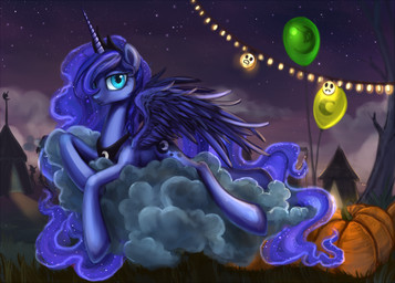 balloon blue_body blue_eyes blue_feathers clothing cloud creature_print crescent_moon crown cutie_mark decoration feathered_wings feathers female feral food fruit hat head_print headgear headwear holidays horn inflatable jewelry looking_at_viewer moon moon_print necklace night outside plant princess print_balloon pumpkin quadruped royalty silhouette solo sparkles star string_lights tail tent tree wings wizard_hat wood nyarmarr friendship_is_magic halloween hasbro my_little_pony mythology princess_luna_(mlp) equid equine mammal mythological_creature mythological_equine winged_unicorn 2012 hi_res