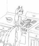 anthro appliance apron apron_only bowl breasts butt clothing container cooking cookware cutlery female frying_pan fur gloves_(marking) hair kitchen kitchen_knife kitchen_utensils knife leg_markings markings mostly_nude multi_tail ponytail side_boob smile socks_(marking) solo stove tail tools stormpaw xccapt04 canid canine fox mammal black_and_white hi_res monochrome