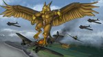 4_toes 5_fingers abs aircraft airplane anthro balls beak biceps brown_body burning burning_vehicle claws crush crushed_vehicle destruction erection extreme_size_difference feathered_wings feathers feet finger_claws fingers fire flying foot_crush genitals humanoid_genitalia humanoid_penis macro macro_anthro macro_male male military military_vehicle muscular muscular_anthro muscular_male nude pawpads paws pecs penis size_difference sky skyscape smile solo tail toe_claws toes vehicle vehicle_destruction vein veiny_penis wings world_war_2 altairxxx mythology pyronite(commissioner) carpo avian gryphon mythological_avian mythological_creature 16:9 shaded widescreen
