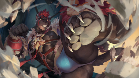 4_toes abs anthro armor barazoku biped black_body black_fur blue_clothing blue_underwear breaking_wall bulge claws clothed clothing dust facial_markings feet fur hair harness head_markings ineffective_clothing kick male markings melanistic mohawk muscular muscular_anthro muscular_male muscular_thighs navel nipples pawpads pecs red_hair red_harness red_markings solo tail toe_claws toes underpaw underwear vambrace wall_(structure) yellow_eyes dudedle null-ghost kemo_coliseum kakula_(kemo_coliseum) felid mammal pantherine 16:9 2019 hi_res unavailable_at_source widescreen