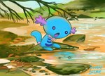 ambiguous_gender autumn blue_body bow_ribbon detailed_background feral gills open_mouth outside plant reflection river solo tail water double_slime nintendo pokemon generation_2_pokemon pokemon_(species) wooper 2019 hi_res