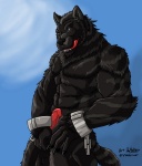 abs anthro balls biceps big_muscles biped black_body black_fur black_nose blue_eyes chain chest_tuft claws cuff_(restraint) erection fangs fur genitals licking looking_at_viewer male markings muscular muscular_anthro muscular_male nude pecs penis pose rape_face restraints shackles solo standing stripes tail teeth tongue tongue_out tuft deadanthro mythology vverevvolf canid canine canis mammal mythological_canine mythological_creature were werecanid werecanine werewolf wolf