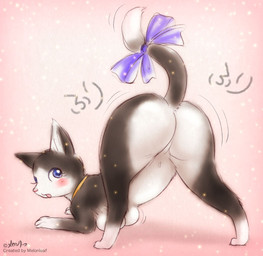 accessory blush bow_(feature) bow_accessory bow_ribbon breasts busty_feral butt collar female feral furgonomics looking_at_viewer looking_back open_mouth pose presenting presenting_hindquarters rear_view ribbons solo tail tail_accessory tail_bow tail_ribbon melonleaf domestic_cat felid feline felis mammal