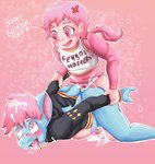 anthro birthday blue_body bodily_fluids clothing cum duo femboy genital_fluids hair heart_eyes heart_symbol hooters_uniform human_on_anthro interspecies male male/male pink_hair sex shirt tank_top text text_on_clothing text_on_shirt text_on_tank_top text_on_topwear tongue tongue_out topwear sekaibunny femboy_hooters hooters syanny terry_bat bat human mammal digital_media_(artwork) hi_res