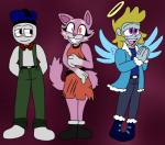 anthro clothed clothing eyewear female glasses group halo insane male red_eyes reversed simple_background shinysmeargle_(artist) super_planet_dolan danger_dolan hellbent shima_luan angel domestic_cat felid feline felis humanoid mammal