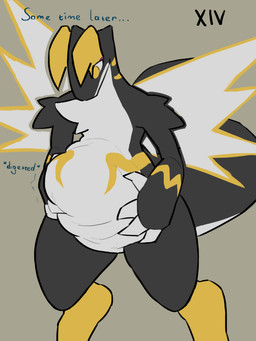 abdominal_bulge anthro belly big_belly black_body claws digestion male oral_vore vore white_belly white_claws yellow_eyes yelling_mouse palworld pocketpair orserk pal_(species) 3:4 absurd_res hi_res