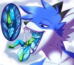 absurd_res anthro black_body black_fur blue_body blue_eyes blue_flesh blue_fur blue_insides blue_mouth blue_scales blue_tongue bodily_fluids canid canine canis cum deaton dragon duo fully_inside fur genital_fluids genitals green_body green_scales hi_res hybrid internal male male/male mammal mellow_tongue micro multicolored_body multicolored_fur multicolored_scales mythological_creature mythological_scalie mythology on_tongue penis saliva saliva_on_tongue saliva_string scales scalie size_difference swallowing teeth tongue two_tone_body two_tone_fur vore white_body white_fur willing_pred willing_prey wingless_dragon wolfdog yellow_penis yukiin