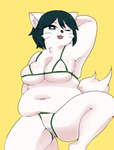 alternate_species anthro big_breasts bikini breasts camel_toe clothing fangs female fur furrification green_eyes green_hair hair inner_ear_fluff micro_bikini navel one_eye_closed open_mouth simple_background slightly_chubby solo swimwear teeth tuft two-piece_swimsuit weight_gain white_bikini white_body white_clothing white_fur white_swimwear yellow_background chanpuru_(nicoseiga67544477) cookie_(touhou) milk_(cookie) domestic_cat felid feline felis mammal hi_res