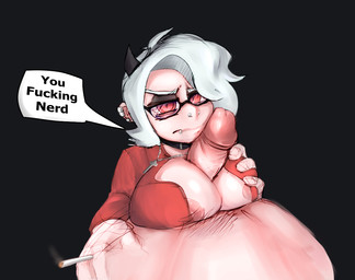 areola big_breasts breast_play breasts cigarette clothed clothing dialogue duo ear_piercing erection eyewear facial_piercing female fingers genitals glasses hair horn huge_breasts human_on_humanoid humanoid_genitalia humanoid_penis interspecies jewelry lip_piercing looking_at_viewer male male/female nipples nose_piercing nose_ring not_furry nude penis piercing profanity red_eyes ring_piercing sex shirt short_hair simple_background smoke smoking speech_bubble text titfuck topwear white_body white_hair itskaarts helltaker zdrada_(helltaker) demon demon_humanoid horned_humanoid human humanoid mammal digital_media_(artwork) english_text