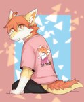 anthro black_bottomwear black_clothing black_pants bottomwear cheek_tuft clothed clothing dipstick_ears ear_markings facial_tuft fur hair inner_ear_fluff kemono looking_at_viewer looking_back looking_back_at_viewer male mouth_closed multicolored_ears multicolored_eyes orange_eyes orange_hair pants pink_clothing pink_shirt pink_t-shirt pink_topwear print_clothing print_shirt print_t-shirt print_topwear shirt sitting solo t-shirt text text_on_clothing text_on_shirt text_on_t-shirt text_on_topwear topwear tuft two_tone_eyes white_body white_fur white_inner_ear_fluff yellow_body yellow_eyes yellow_fur kuttoyaki mythology kutto dragon furred_dragon furred_scalie mythological_creature mythological_scalie scalie english_text hi_res