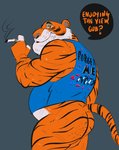 anthro balls barely_visible_balls barely_visible_genitalia belly bottomless clothed clothing countershading dialogue fur genitals humanoid_hands male orange_body orange_fur overweight overweight_anthro overweight_male question_mark shirt simple_background solo talking_to_viewer tank_top text topwear spazz_bear disney the_jungle_book shere_khan bengal_tiger felid mammal pantherine tiger 2020 english_text hi_res