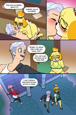 anthro blush blush_stickers bra clothing dialogue dressing duo eyelashes eyewear female glasses hand_holding human_on_anthro interspecies kissing long_eyelashes male male/female motion_lines nude panties speech_bubble text underwear lovetopullmicke animal_crossing nintendo isabelle_(animal_crossing) villager_(animal_crossing) canid canine canis domestic_dog human mammal 2:3 absurd_res comic english_text hi_res
