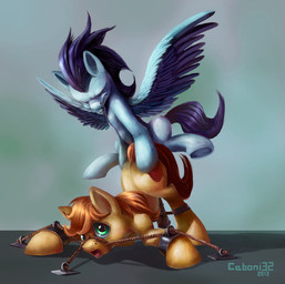 all_fours anal anal_penetration animal_genitalia animal_penis ass_up blonde_hair blue_hair bound butt butt_grab chain chained clenched_teeth cutie_mark dominant dominant_male duo equine_genitalia equine_penis erection feathered_wings feathers feral flying from_behind_position fur genitals green_eyes hair hand_on_butt long_hair male male/male male_penetrated male_penetrating male_penetrating_male muzzle_(object) muzzled open_mouth orange_body orange_fur orange_hair penetration penis rope sex spread_legs spread_wings spreading submissive submissive_male teeth white_body white_fur wings caboni32 friendship_is_magic hasbro my_little_pony mythology braeburn_(mlp) soarin_(mlp) wonderbolts_(mlp) earth_pony equid equine horse mammal mythological_creature mythological_equine pegasus pony 2013