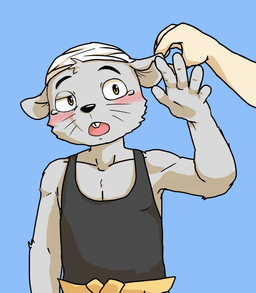 4_fingers anthro black_clothing black_shirt black_tank_top black_topwear blue_background blush bodily_fluids bottomwear buckteeth bullying clothing duo ear_pinch embarrassed fingers fur grey_body grey_fur kerchief male one_eye_half-closed open_mouth pants raised_arm shirt simple_background tank_top tears teasing teeth topwear yellow_eyes nekotanyanneko morenatsu chuukichi_mori human mammal mouse murid murine rodent 2020 colored hi_res