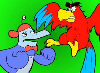 2_toes 4_fingers angry anthro backwards_baseball_cap backwards_hat baseball_cap beak biped black_eyebrows black_eyes blue_body blue_feathers bow_tie clenched_teeth clothing duo eye_contact eyebrows feathered_wings feathers feet feral fight fighting_pose fingers fist flying glaring glaring_at_another green_background half-closed_eyes hat headgear headwear looking_at_another machine male metallic_body multicolored_body multicolored_feathers narrowed_eyes open_beak open_mouth pose purple_body purple_feathers raised_fist raised_hand red_baseball_cap red_body red_bow_tie red_feathers simple_background spread_wings tail tail_feathers talons teeth thick_eyebrows thick_lines thick_outline toes toothed_beak two_tone_body two_tone_feathers white_sclera wings yellow_beak yellow_eyes yellow_feet luciferchan cyberchase disney disney's_aladdin nelvana pbs digit_(cyberchase) iago_(disney) avian bird parrot robot robot_anthro 2005 colored crossover digital_drawing_(artwork) digital_media_(artwork) flat_colors