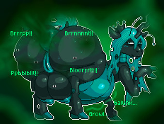 antennae_(anatomy) anus big_anus big_butt big_teats black_body blue_nipples bodily_fluids butt butt_focus claws crotch_breasts crown evil_grin fangs fart fart_fetish female feral genitals green_eyes green_hair hair headgear holes_in_body holes_in_horn hooves huge_anus huge_butt hyper hyper_butt hyper_fart long_hair musk nipples obese onomatopoeia overweight plump_labia puffy_anus puffy_nipples quadruped rumbling_stomach smelly smile solo sound_effects sweat teats teeth text vulva gammaspeed69_(artist) friendship_is_magic hasbro my_little_pony queen_chrysalis_(mlp) changeling_(mlp) equid equine horse mammal pony