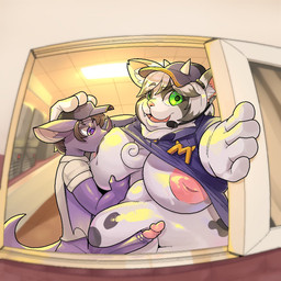 anthro belly belly_humping big_belly big_breasts big_penis black_body black_countershading black_fur black_hair bottomless bottomless_anthro bottomless_male breast_grab breastfeeding breasts brown_hair caught_in_the_act ceiling ceiling_lamp ceiling_tiles clothed clothing countershade_face countershading dewlap_(anatomy) drive-thru duo electronics fangs fast_food_employee fast_food_restaurant fast_food_uniform female foreskin fur genitals green_eyes hair hand_on_breast hand_on_head hat headgear headphones headset headwear horn huge_breasts inner_ear_fluff inverted_nipples lamp larger_female male microphone multicolored_body neck_tuft nipples open_window overweight overweight_anthro overweight_female penis purple_body purple_clothing purple_eyes purple_fur purple_shirt purple_topwear raised_clothing raised_shirt raised_topwear shirt size_difference spots suckling teeth topwear tuft two_tone_body white_body white_fur white_hair tubbytabu arccway_(arccway) moomew_(moomew) bat bovid bovine cattle domestic_cat felid feline felis hybrid mammal wingless_bat 1:1 2026 digital_drawing_(artwork) digital_media_(artwork) hi_res textless