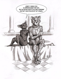 anthro awkward bed black_body black_fur black_spots bracelet breasts claws collar column duo ear_piercing ear_ring embarrassed featureless_breasts featureless_crotch female finger_claws fur furniture holding_arm humor jewelry looking_away male male/female markings medieval melanistic nude on_bed piercing pillow ring_piercing sitting slave spots spotted_body spotted_fur text 0laffson asha_(titusw) khay_(titusw) cheetah felid feline mammal serval english_text hi_res monochrome traditional_media_(artwork)