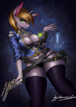 alternate_universe anthro big_breasts black_bra black_clothing black_panties black_underwear blush bra breasts brown_hair cleavage clothed clothing cutie_mark exclamation_point female fur green_eyes grey_body grey_fur gun hair handgun horn jacket legwear looking_at_viewer panties pink_inner_ear pip-boy pistol ranged_weapon revolver solo thigh_highs topwear underwear vault_suit weapon wide_hips lament fallout fallout_equestria hasbro microsoft my_little_pony mythology fan_character littlepip equid equine horse mammal mythological_creature mythological_equine pony unicorn absurd_res hi_res signature
