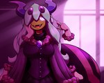2022 5:4 anthro arachnid arthropod arthropod_abdomen breasts clothed clothing digital_media_(artwork) fangs female fingers floating_hands floralian gem glowing glowing_eyes grey_hair hair hand_on_cheek hazel_orchid_(yoshimister) hi_res kirby_(series) latiar looking_at_viewer mature_female mother_(lore) multi_hand nintendo one_eye_obstructed open_mouth parent_(lore) playing_with_hair solo spider standing teeth tongue window