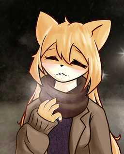 anthro bangs blonde_hair blush breasts clothing coat eyes_closed female hair parted_lips scarf smile solo topwear winter tr1z sophia_(tr1z) domestic_cat felid feline felis mammal hi_res