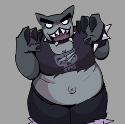 anthro bracelet breasts cleavage clothed clothing collar female female_anthro grey_body jewelry midriff navel no_pupils overweight overweight_anthro overweight_female sharp_teeth solo spiked_bracelet spiked_collar spikes standing teeth tomboy torn_clothing x_navel tokodama mewgenics guillotina_(mewgenics) felid feline mammal hi_res