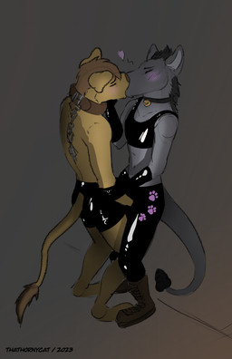 anthro collar fur hair kissing latex male night paws standing tail thathornycat capitoline_ranch fallout microsoft eisen_(frostfur101) tab_(thathornycat) felid lion mammal night_stalker_(fallout) pantherine colored hi_res sketch brother_(lore) incest_(lore) sibling_(lore)