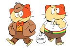 anthro belly biped blush bottomwear clothing hat headgear headwear overweight overweight_anthro pants simple_background solo text white_background chana_kim detective_button domestic_cat felid feline felis mammal 2019