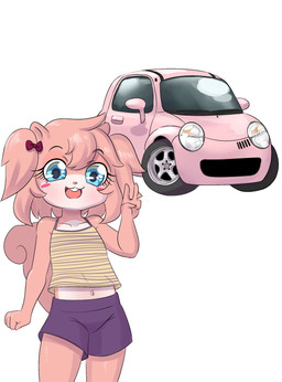 4_fingers accessory anthro blue_eyes bottomwear bow_ribbon buckteeth car clothing female fingers front_view fur gesture hair hair_accessory hair_bow hair_ribbon hand_gesture looking_at_viewer open_mouth pigtails pink_body pink_fur pink_hair pink_nose pupils purple_bottomwear purple_clothing purple_shorts ribbons shirt shorts simple_background smile solo tank_top teeth topwear v_sign vehicle white_background yellow_clothing yellow_shirt yellow_tank_top yellow_topwear young young_anthro young_female mr-shin fiat fiat_500 twiggy_(mr-shin) mammal rodent sciurid tree_squirrel 2025 hi_res