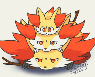 3_fingers 3_toes ambiguous_form ambiguous_gender black_body black_nose cheek_tuft dipstick_tail evolutionary_family facial_tuft feet fingers fur fur_tuft group holding_object inner_ear_fluff markings multicolored_body multicolored_fur orange_body orange_eyes orange_fur orange_nose red_body red_fur simple_background stick tail tail_markings toes trio tuft white_background white_body white_fur yellow_body yellow_fur yellow_tail chana nintendo pokemon braixen delphox fennekin generation_6_pokemon pokemon_(species) 2022 dated digital_media_(artwork) hi_res signature
